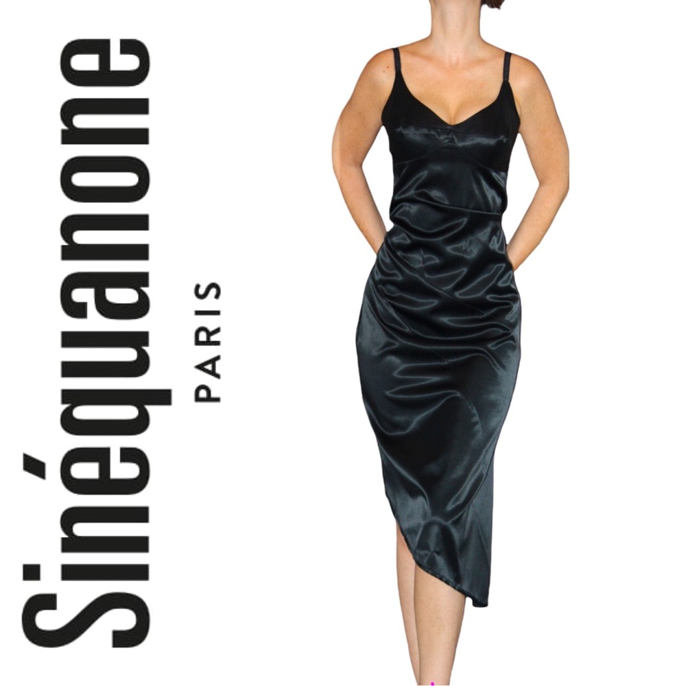 SINEQUANONE PARIS black asymmetrical silk cocktail holiday evening dress T38 6 8